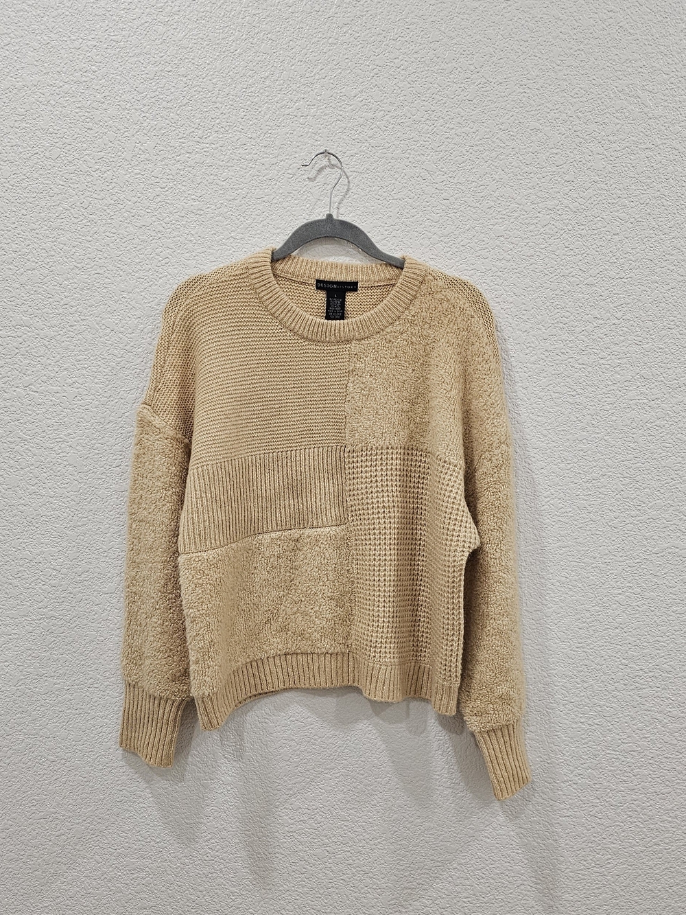 Design History Sweater Womens Large Beige Patchwork Knit Wool Blend Crewneck